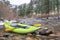 Inflatable whitewater kayak in spring snowstorm