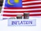 Inflation in Malaysia concept. Handwritten Inflation on a paper board, growing up arrow, coins and Malaysian flag in the
