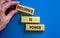 Influence is power symbol. Wooden blocks with words `Influence is power`. Beautiful blue background, businessman hand. Business,