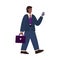 Influencer businessman in business suit with mobile phone and briefcase in hands