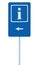 Info sign in blue, white i letter icon and frame, left hand pointing arrow, isolated roadside information signage on pole post