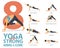 Infographic of 8 Yoga poses for Strong arms and core in flat design. Beauty woman is doing exercise for body stretching.