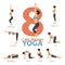 Infographic of 8 Yoga poses for after wake up in flat design. Beauty woman is doing exercise for body stretching. Vector
