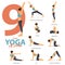 Infographic of 9 Yoga poses for Easy yoga at home  in flat design. Beauty woman is doing exercise for body stretching.