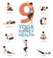 Infographic of 9 Yoga poses for kidney health in flat design. Beauty woman is doing exercise for kidney strength.Vector.