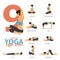 Infographic of 9 Yoga poses for after work concept in flat design. Beauty woman is doing exercise for body stretching. Vector.