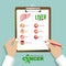 Infographic for alarming signs of liver cancer disease in flat design. Doctorâ€™s hand holding clipboard. Medical and healthcare.