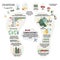 Infographic of carbon footprint of household. Greenhouse gases contribution from food. Tips for reducing personal carbon