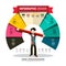 Infographic Design with Man Holding Big Pencil. Infographics Template with Colorful Papers and Icons. Company Annual Report