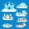 Infographic elements winter entertainments, people characters, children playing snowballs, snowman, snowboarder, skiing