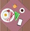 Infographic flat lay food, juice, coffee, bacon, eggs, cherry to