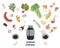 Infographic of food waste disposer for home kitchen sink with kitchen scraps falling into it. What you can throw into garbage
