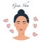 Infographic of gua sha scraper facial yoga. Description how to use pink Rose Quartz Stone Scraper. Woman face massager