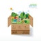 Infographic health care concept. open box with farm. shipping cl