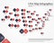 Infographic with map and demographic elements. Abstract map made of squares shape. The concept of statistics, counting, epidemics