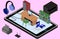 Infographic office on a cellphone. Isometric image of the workplace with table, wardrobe, bookshelf, printer, copier, fax.