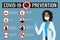 Infographic of prevention coronavirus banner. Wash hands, avoid touching face, disinfect and stay home