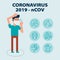 Infographic with set of icons about coronavirus Wuhan virus disease with illustrated sick man wearing mask