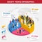 Infographic Society isometric background with people of different occupations. People meeting, discussing, planning