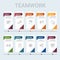 Infographic Teamwork template. Icons in different colors. Include Teamwork, Trust, Vision, Planning and others