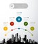 Infographic template with five circles, icons and skyscrapers.