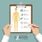 Infographic for top 5 type of fatal cancer in men in flat design. Clipboard in doctor hand. Medical and health care report.