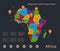 Infographics Africa map, flat design colors, with names of individual states and islands,  blue background with orange points