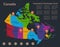 Infographics Canada map, flat design colors, with names of individual states and islands,  blue background with orange points