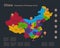 Infographics China map, flat design colors, with names of individual regions, blue background with orange points