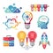 Infographics concepts with various shapes bulb, rocket, business case and profile of head