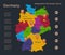 Infographics Germany map, flat design colors, with names of individual states and islands,  blue background with orange points