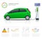 Infographics and Green electric car charging point vector. Renewable eco technologies. Green power.