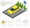 Infographics and Green electric car charging point vector. Renewable eco technologies. Green power.