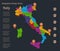 Infographics Italy map, flat design colors, with names of individual administrative division, blue background with orange points