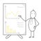 Infographics sketch vector illustration in grey and yellow colours. Stickman business man is decribing and presenting a report.