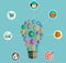 Infographics template with a light bulb in the form of gears with business icons