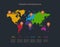 Infographics World maps, flat design, labels with names with individual continents, dark background