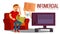 Infomercial, Shop On The Sofa, Man Sitting On The Sofa In Front Of Tv And Delivery Hands Vector. Isolated Illustration