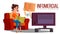 Infomercial, Shop On The Sofa, Woman Sitting On The Sofa In Front Of Tv And Delivery Hands Vector. Isolated Illustration