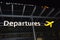 Information about the departure zone, signpost of the aircraft at the airport at night, the concept of travel