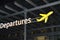 Information about the departure zone, signpost of the aircraft at the airport at night, the concept of travel