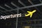 Information about the departure zone, signpost of the aircraft at the airport at night, the concept of travel