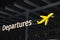 Information about the departure zone, signpost of the aircraft at the airport at night, the concept of travel