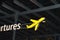 Information about the departure zone, signpost of the aircraft at the airport at night, the concept of travel