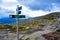 Informative signs along the pathway to famous Kjeragbolten. Amazing landscapes of Norwegian mountains