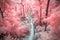 Infrared aerial view of a hiker trekking through a lush forest, captured with an infrared drone camera. Generative AI