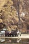 Infrared image of a rows of vehicle park beside a reflective pool of stagnant water