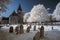 Infrared landscape of old church in churchyard in English countr