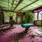 an infrared-modded camera captures interior of the abandoned overgrown and furniture inside the house