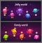 Ingame level up progress screen. Cosmic map with jelly and candy planets.